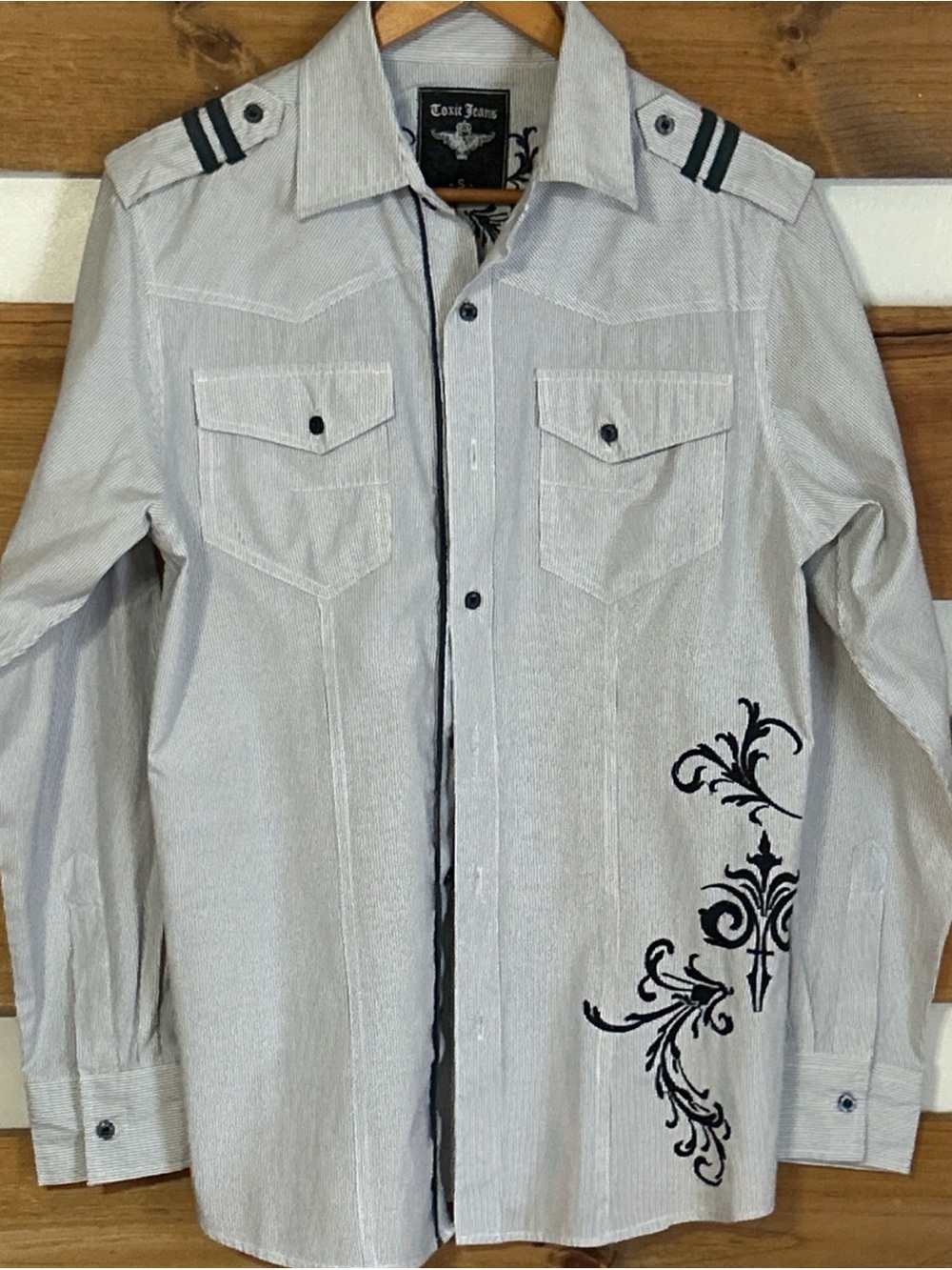 Toxic Jeans Men's Long Sleeve Button Down Striped Shirt Navy Embroidery Size S